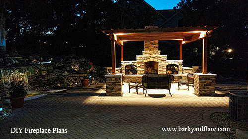 DIY Outdoor Fireplace with storage and seating